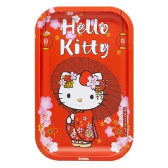 Červený kovový balicí tácek G-Rollz s motivem Hello Kitty v červeném kimonu, s deštníkem, lampiony a květy sakury