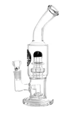 Čirý skleněný bong Heisenberg se Showerhead a UFO perkolátorem, zahnutý krk, černé logo Čirý skleněný bong Heisenberg se Showerhead a UFO perkolátorem, zahnutý krk, černé logo