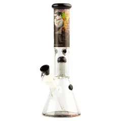 Skleněný beaker bong G-Rollz Church of Graffiti s Banksyho motivem, černým náustkem, kotlíkem a osmiramenným perkolátorem