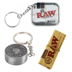 Mini balící set: plechová krabička RAW na klíče, stříbrná kovová drtička The Bulldog Amsterdam a papírky RAW Classic