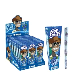 Display G-Rollz Ape Cones Berry Blue, modrý balíček se 3 dutinkami King Size a předrolovaná dutinka s potiskem borůvek