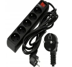 Prodlužovací kabel 3m s uzemněním, 5 zásuvek s vypínačem - černý 3*1,5mm2 3000 W 230-250V AC 16A