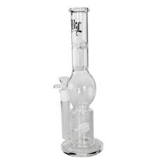 Čirý skleněný bong Black Leaf s drum perkolátorem ve spodní komoře, HoneyComb diskem, kulovou komorou a zářezy na led