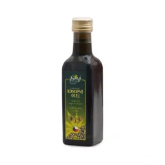 Tmavá skleněná lahev panenského konopného oleje Hemp Production 100 ml se zlatým šroubovacím uzávěrem a zelenou etiketou