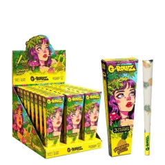 Displej a žluté krabičky G-Rollz Pop Cones Pineapple Punch s jungle grafikou a bílá dutinka s potiskem ananasů