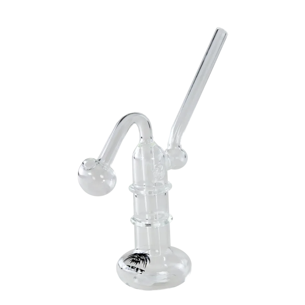 Čirý skleněný oil bubbler Breit s kulatým olejovým kotlíkem, dlouhou šlukovací trubicí a logem značky na podstavě Čirý skleněný oil bubbler Breit s kulatým olejovým kotlíkem, dlouhou šlukovací trubicí a logem značky na podstavě