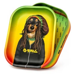 Plechová krabička G-Rollz v rasta barvách s motivem Pets Rock: jezevčík s dredy a baretem, pootevřené víko s potiskem uvnitř