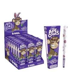Fialová krabička G-Rollz Ape Cones Bored Grape s kreslenou opicí, prodejní displej balíčků a jedna dutinka s ovocným potiskem