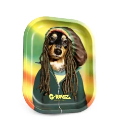 Plechový tácek G-Rollz Pets Rock s motivem psa s dredy a pletenou čepicí v reggae barvách a zvýšenými okraji