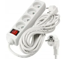 Prodlužovací kabel 5m s uzemněním, 4 zásuvky s vypínačem - bílý 3*1,5mm2 3000 W 230V-250V AC 16A