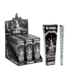 Černá krabička G-Rollz Pop Cones Dark Matter s temným motivem, šedá předrolovaná dutinka s potiskem a prodejní displej
