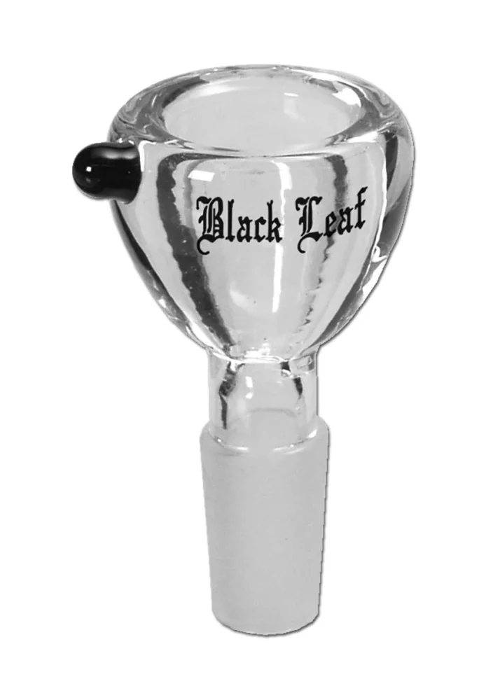 Čirý skleněný kotlík Black Leaf ve tvaru kužele s černým úchytem proti kutálení a potiskem loga Black Leaf Čirý skleněný kotlík Black Leaf ve tvaru kužele s černým úchytem proti kutálení a potiskem loga Black Leaf