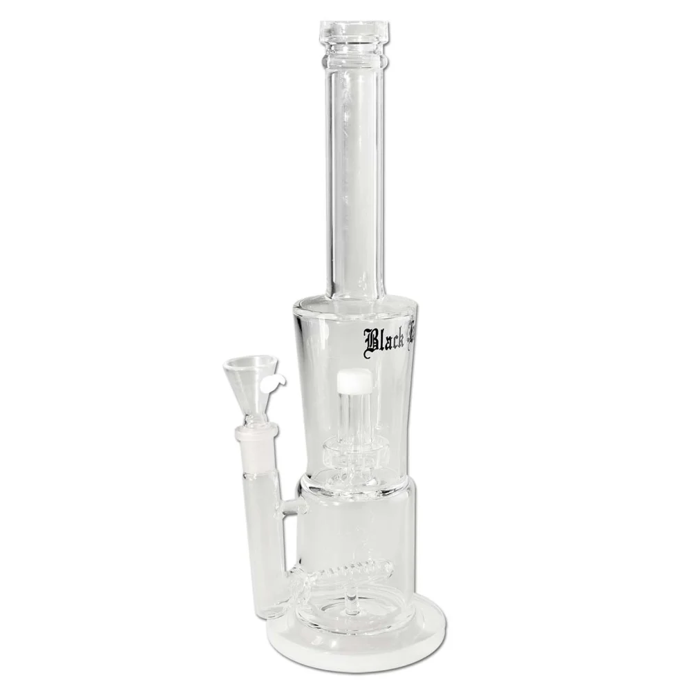 Skleněný bong Black Leaf Drum Inline s čirým tělem, bílou podstavou a vytažitelným kotlíkem na bylinky