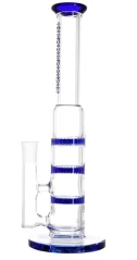 Skleněný bong Heisenberg se třemi modrými honeycomb perkolátory, modrým náustkem a kulatou základnou