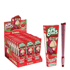 Červený prodejní display a krabička G-Rollz Ape Cones Watermelon Splash s grafikou Bored Apes, vedle růžová konopná dutinka