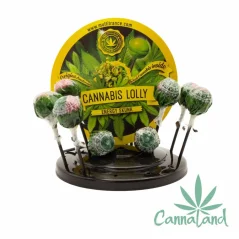 Konopná lízátka Energy Skunk na černém stojanu s kulatým žlutým poutačem Cannabis Lolly