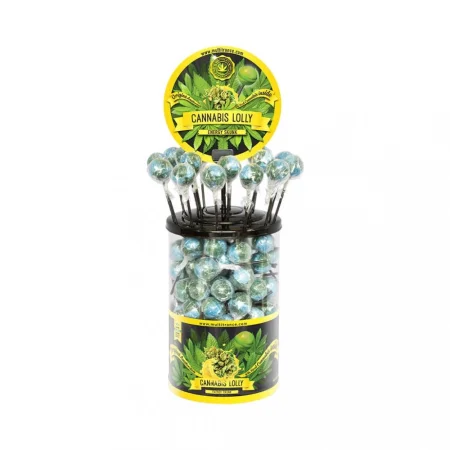 Průhledná dóza plná konopných lízátek Energy Skunk se žlutým poutačem Cannabis Lolly nahoře