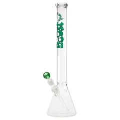 Vysoký skleněný bong Boost Beaker s kónickou baňkou, zeleným logem a zeleným skleněným kotlíkem