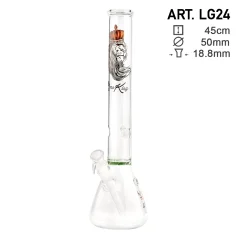 Čirý skleněný bong SmoKing s baňkou, zeleným honeycomb diskem a potiskem lva s oranžovou korunou