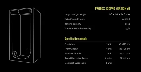 Technický nákres pěstebního stanu Probox Ecopro 60 s tabulkou specifikací na černém pozadí