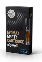 Černá krabička Eighty8 Evomax Empty Cartridge s průhledným okénkem s cartridgí, označení 510 thread a Powered by CCELL