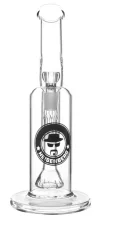 Čirý skleněný bong Heisenberg Typhoon s ShowerHead perkolátorem a černým logem, čelní pohled