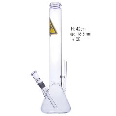 Čirý skleněný bong Bullet Toxic Danger 42 cm s žlutým biohazard motivem, baňkou, zářezy na led a kotlíkem Čirý skleněný bong Bullet Toxic Danger 42 cm s žlutým biohazard motivem, baňkou, zářezy na led a kotlíkem